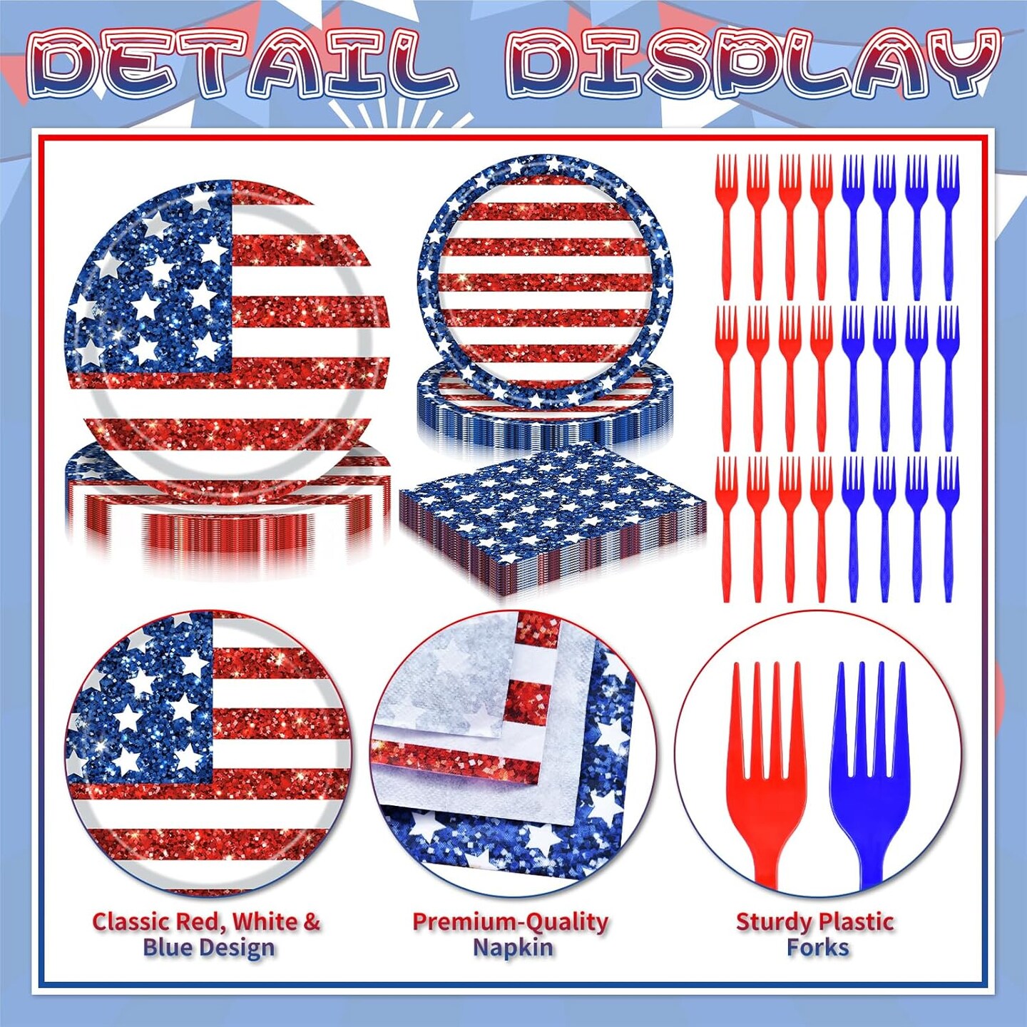 100PCS Glitter Patriotic Tableware Set for 25 Guests – American Flag Disposable Dinnerware with Plates, Napkins & Forks for 4th of July, Memorial Day & Veterans Day BBQ