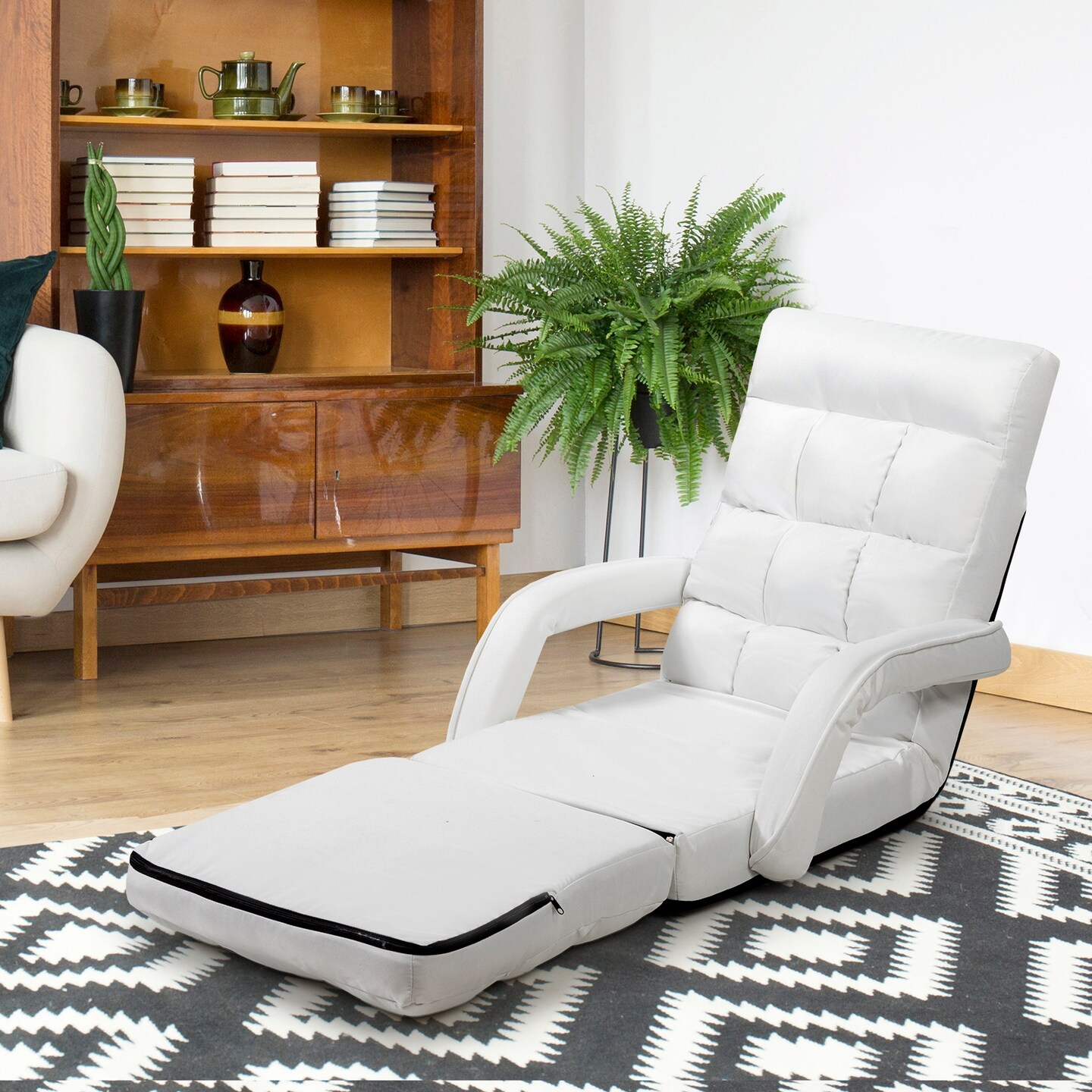 Modern Lazy Floor Sofa Chair Foldable Design with Linkage Armrests, Cushion Pillow, Durable Steel Frame Seating for Home, Office, Study Comfort