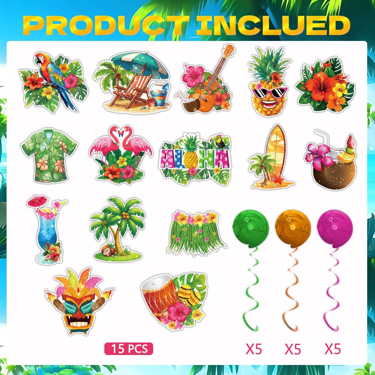 32-Piece Hawaiian Luau Hanging Swirl Decorations | Tropical Flower, Palm & Flamingo Foil Ceiling Danglers for Summer Beach, Pool Party & Tiki Supplies