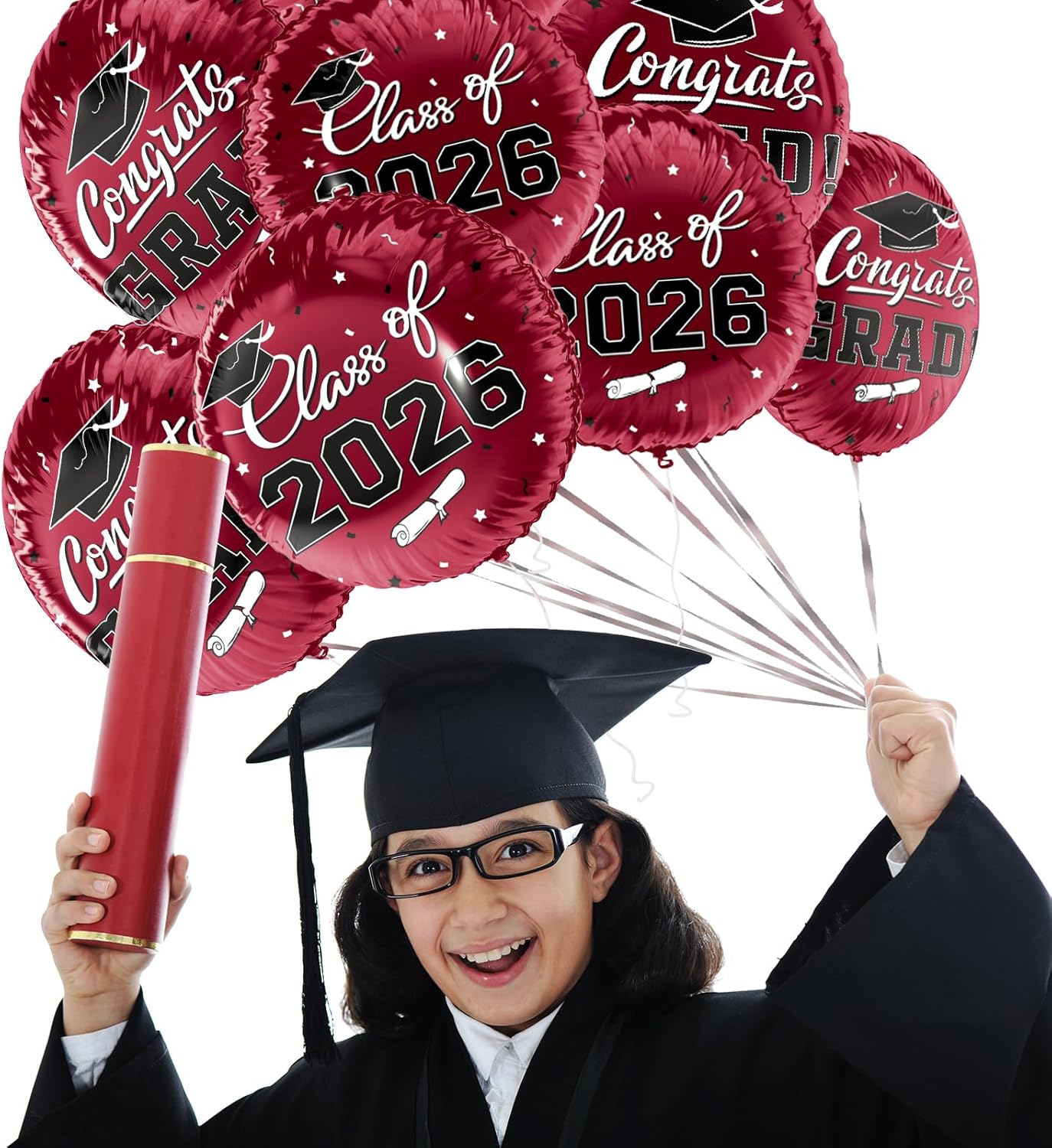Graduation Party Balloons – Class of 2026 12-Piece 18” Maroon “Congrats Grad” Foil Balloon Set with Double-Sided Design for Graduation Decorations & Celebration Supplies