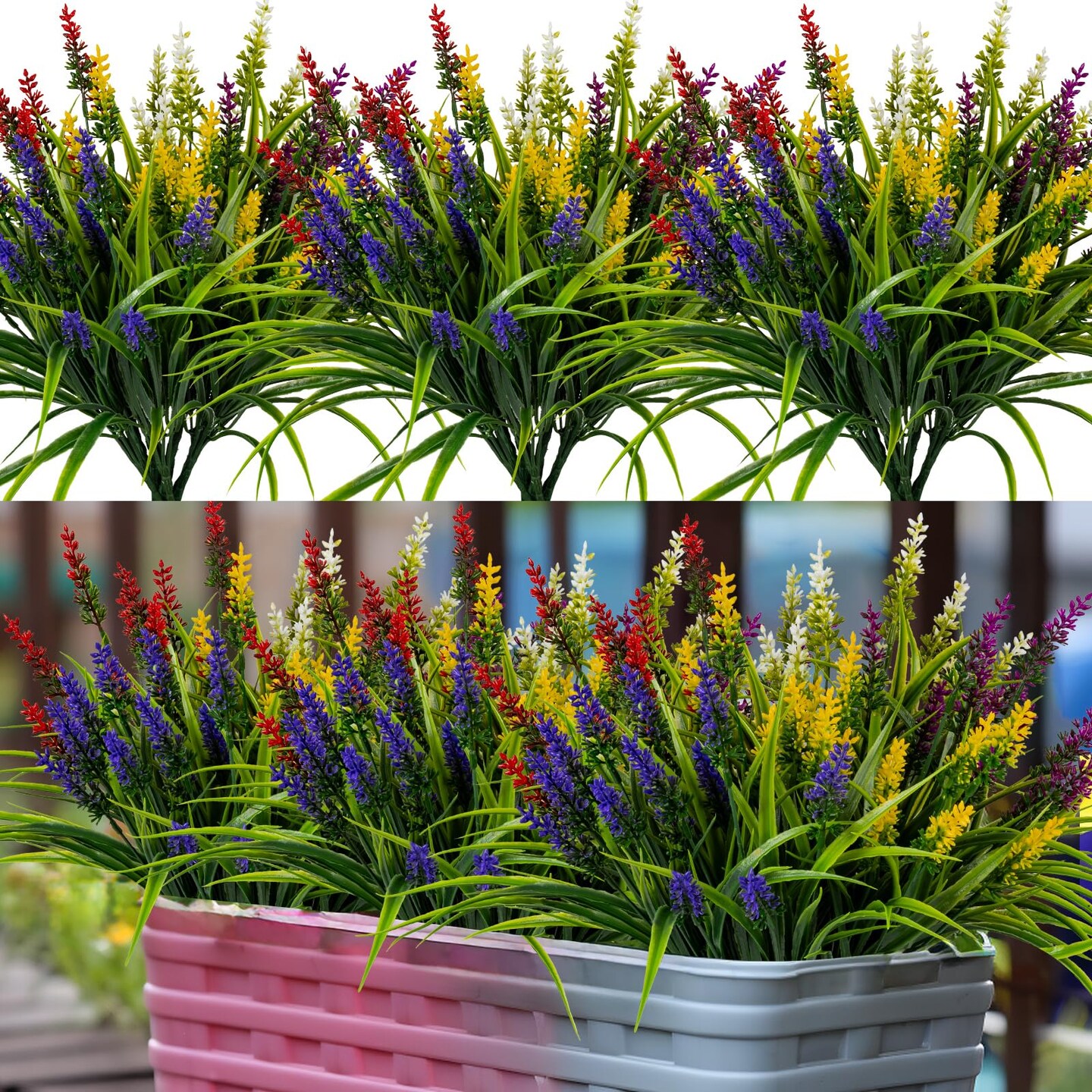 Artificial Flowers for Outdoor Plants 24 Bundles Fake Lavender Plastic Faux Monkey Grass for Verandah Window Garden Office Patio Front Porch UV Resistant for Planter(5 Colors)