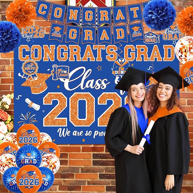 Class of 2026 Graduation Decorations Kit - Orange and Blue Congrats Grad Banner Set with 7x5ft Backdrop, Porch Signs, Hanging Swirls, Honeycomb Centerpieces, and Balloon Boxes - Complete Grad Party Supplies