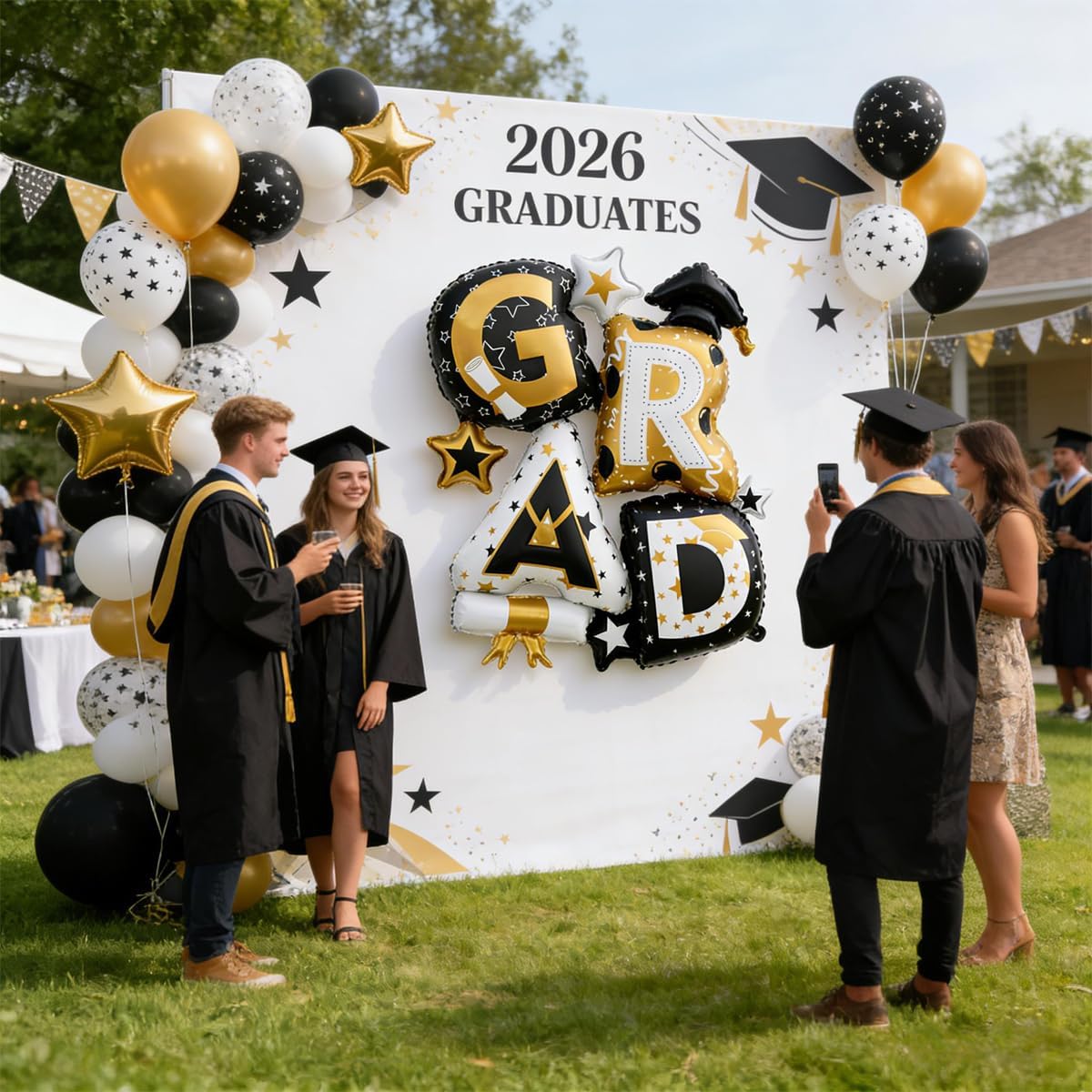 Graduation Party Balloons – 2PCS Giant “GRAD” Foil Letter Balloons Black & Gold Class of 2026 Graduation Decorations for Photo Backdrops & Party Supplies