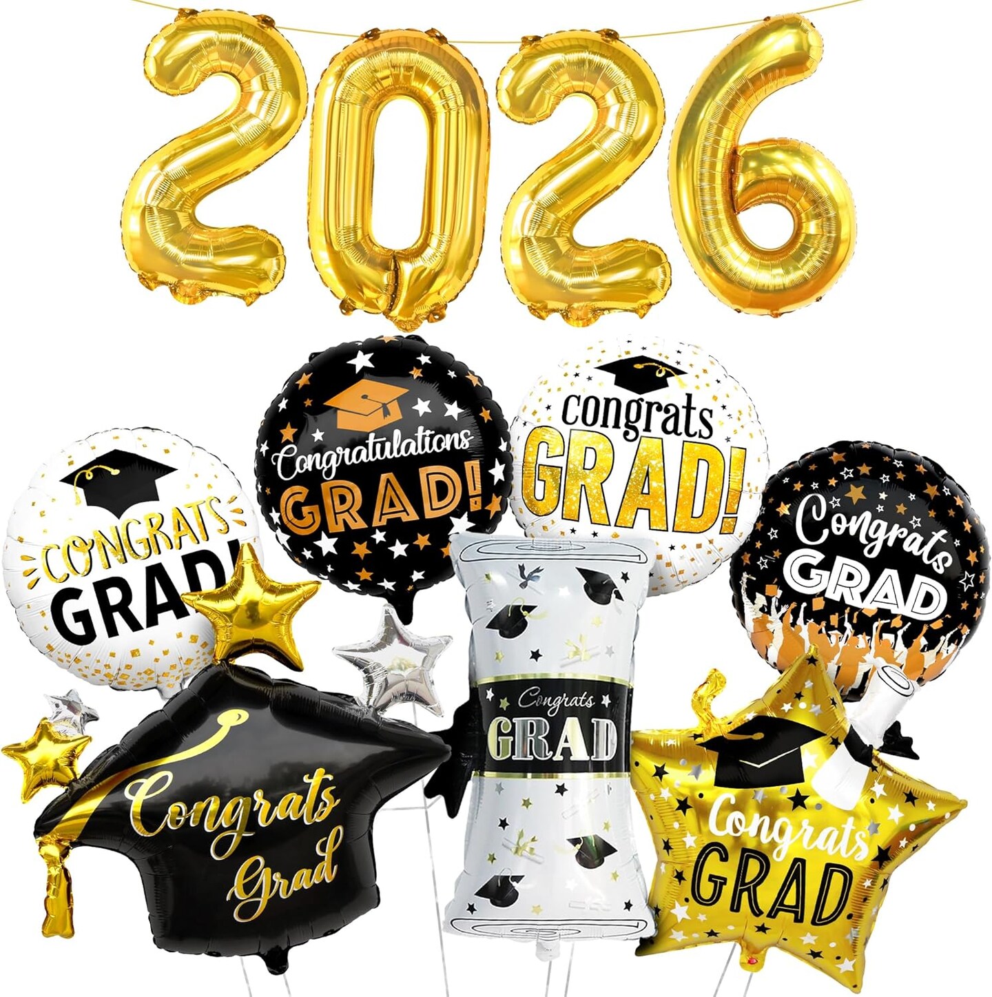 Graduation Party Balloons – Class of 2026 Pack of 11 Black & Gold Balloon Set with 28” Grad Cap, 2026 Number Balloons, Certificate & Star Foil Balloons for Graduation Decorations