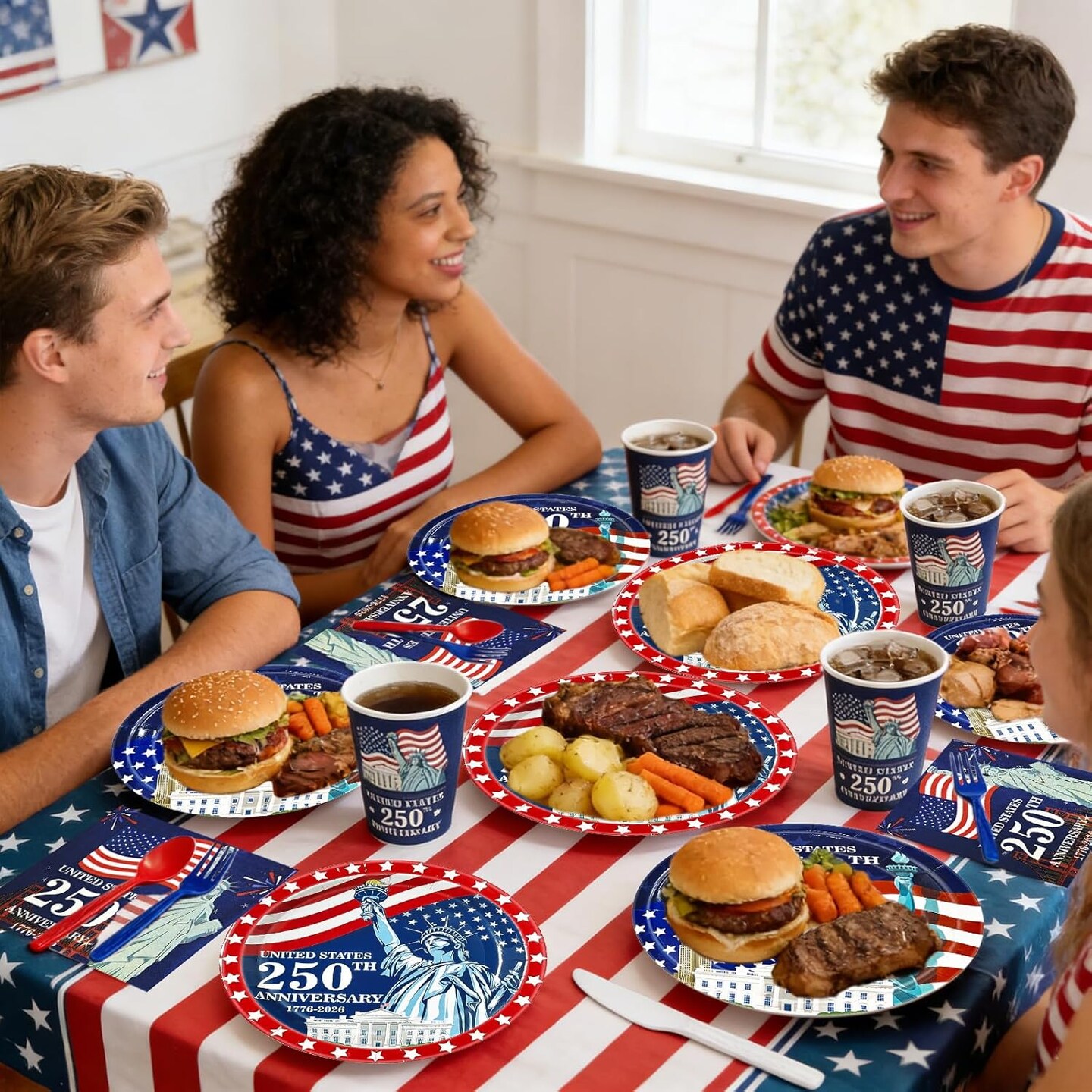 212PCS USA 250th Anniversary Patriotic Party Supplies Set for 30 Guests – American Flag 4th of July Disposable Tableware with Plates, Cups, Napkins, Cutlery & Tablecloths