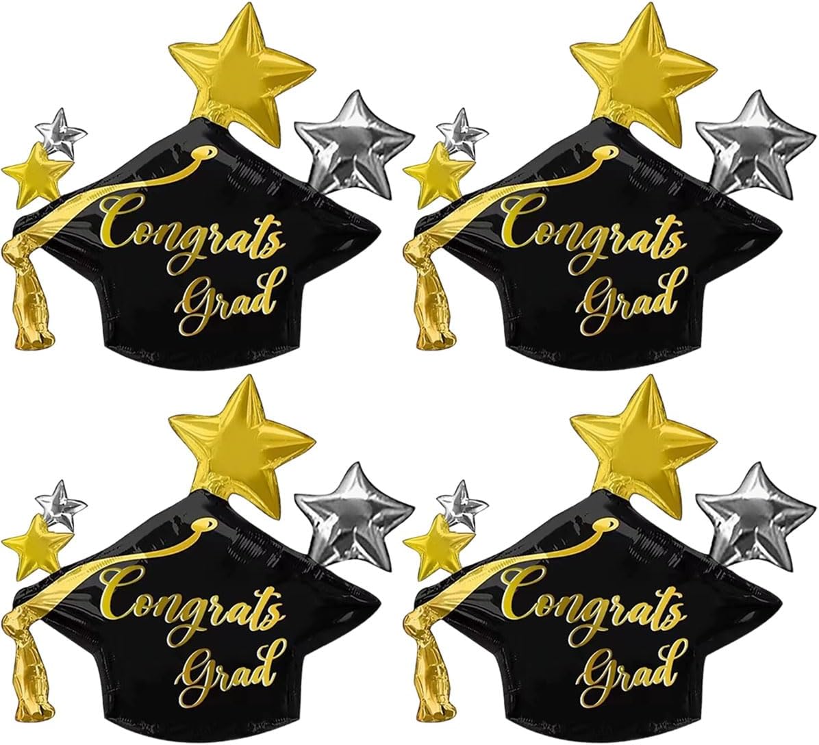 Graduation Party Balloons – 4-Piece Large 28” Congrats Grad Cap Foil Balloons for Class of 2026 Graduation Decorations (Indoor & Outdoor Party Supplies)