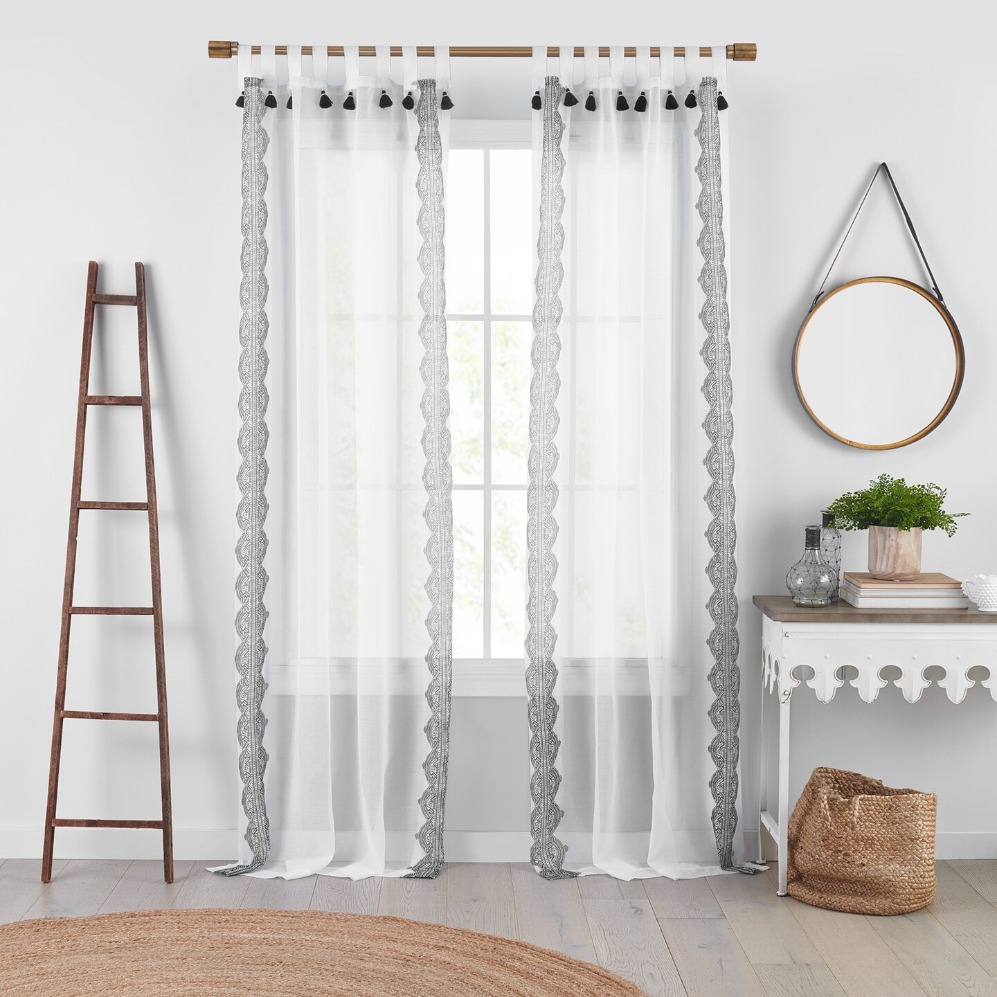 Threadmade Home Shilo Boho Sheer Tab Top Window Curtain Panel with Tassels, Black - 52"W x 95"L