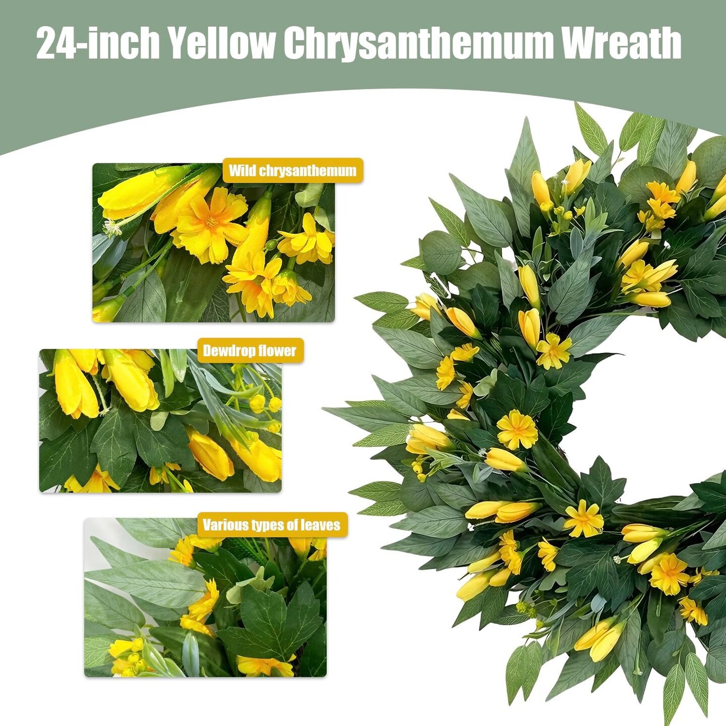 24" Large Yellow Tulip Spring Wreath – Artificial Silk Flower Door Wreath with Mixed Greenery for Front Door, Porch, Farmhouse & Outdoor Home Decor