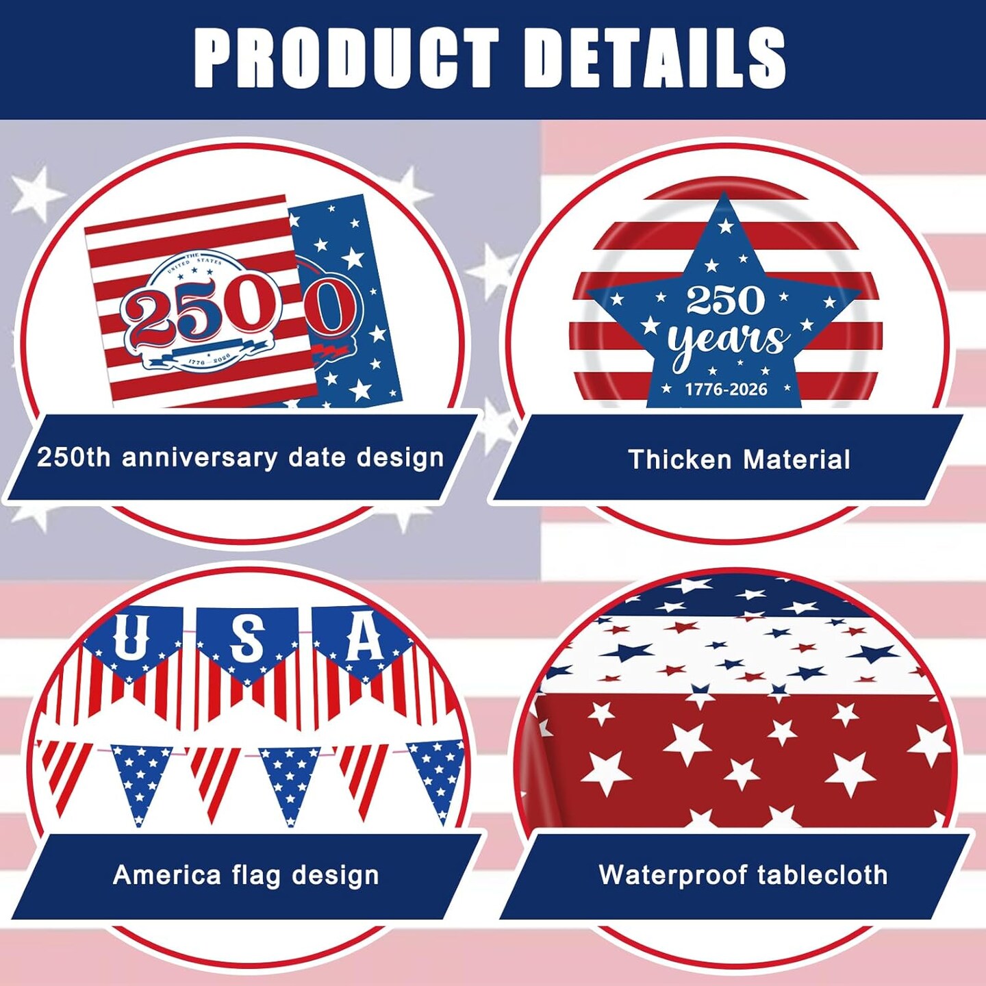 4th of July 250th Anniversary Patriotic Party Kit for 24 Guests – American Flag Disposable Tableware Set with Plates, Cups, Napkins, Tablecloth & Banners for Independence Day & Memorial Day