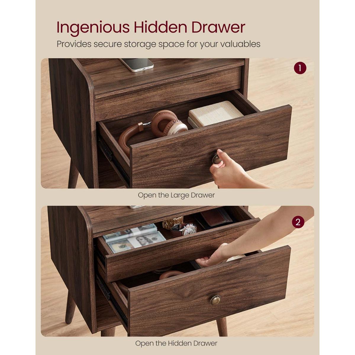 Nightstand Set of 2 with Hidden Drawer Mid Century Bedside Tables Storage Cabinet Walnut Wood Bedroom End Tables