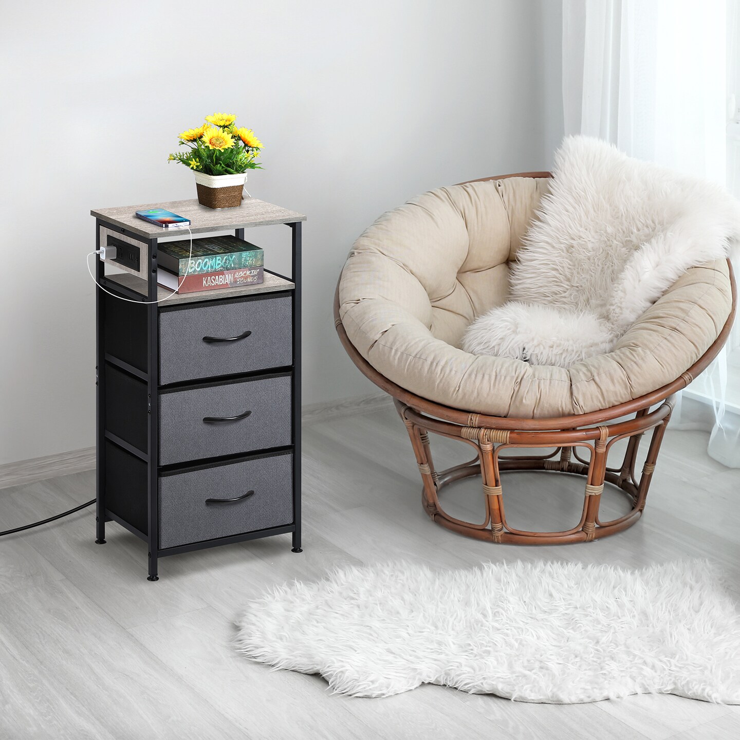 3-Drawer Nightstand with Charging Station, 30" Tall Bedside Table with USB Ports & Fabric Drawers