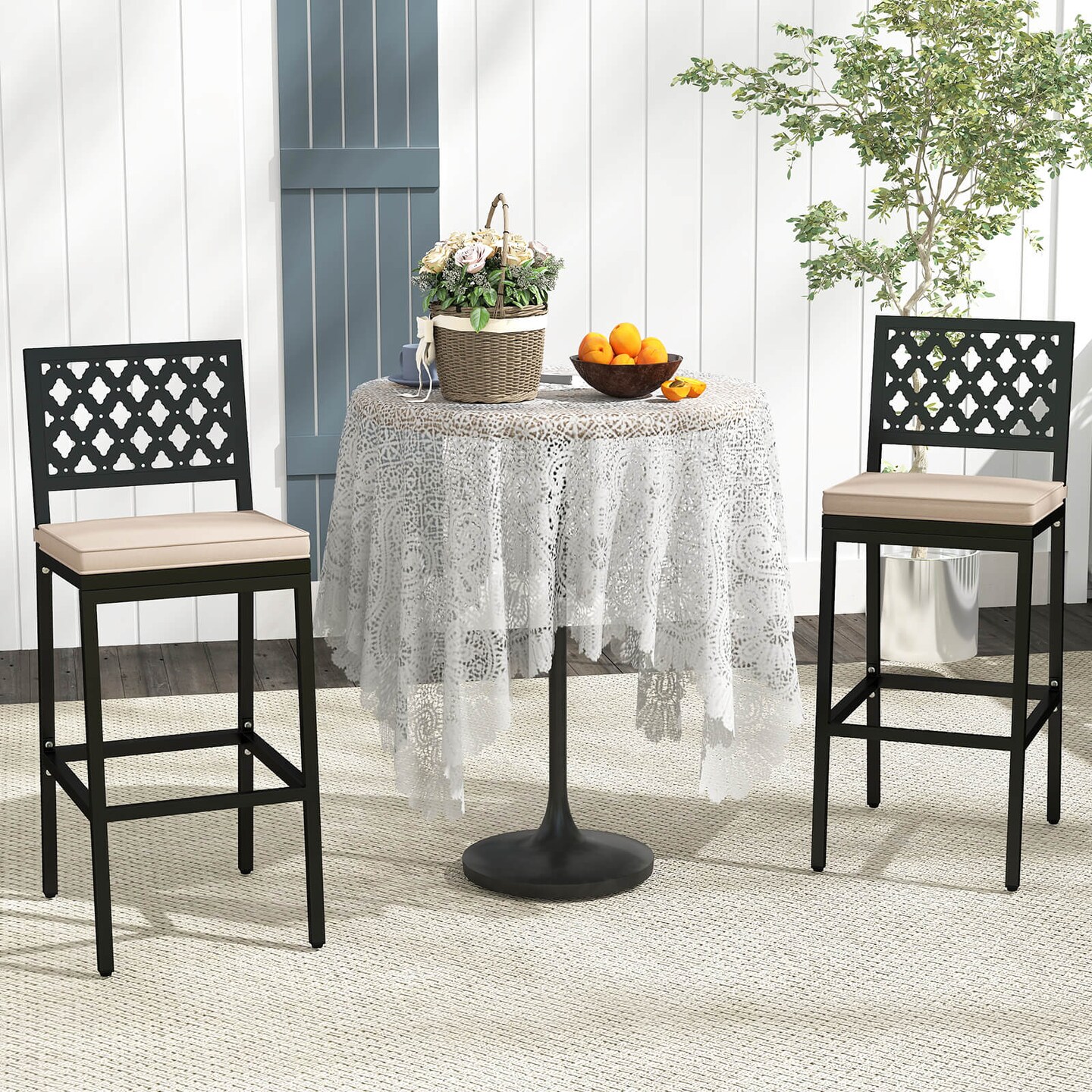 Costway Set of 2 Outdoor Bar Height Dining Chairs Patio Metal Bar Stools with Cushion