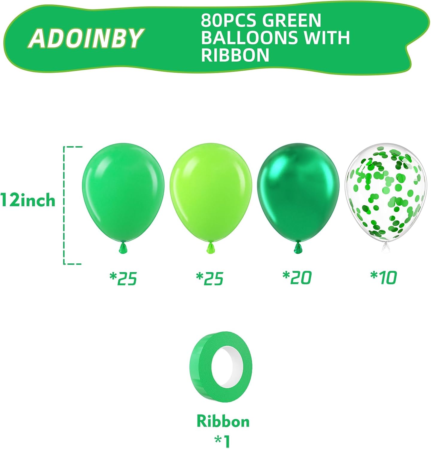 80pcs Green Balloon Set – 12 Inch Lime Green, Chrome Metallic & Confetti Latex Balloons for Jungle Safari, Forest Theme Birthday, Baby Shower & Party Decorations