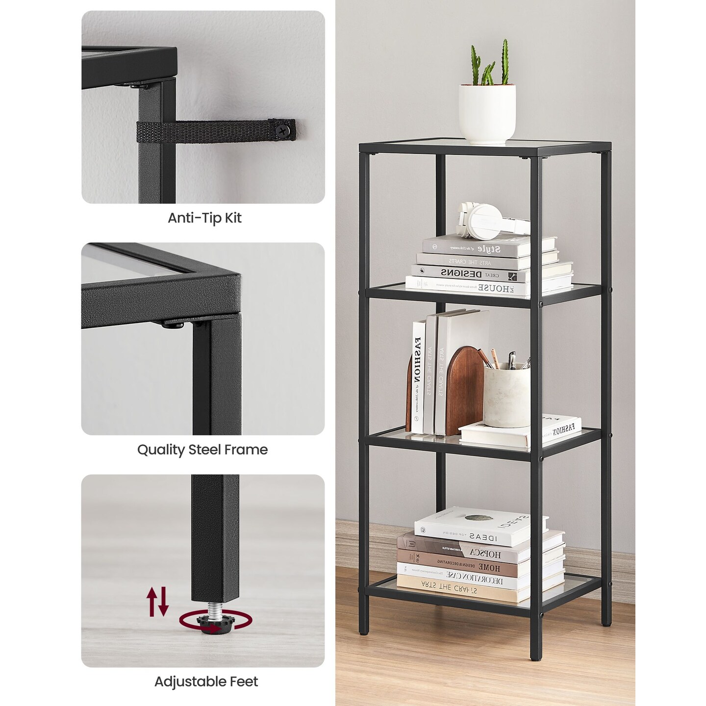 Narrow Glass Bookshelf Storage Rack Steel Frame Tempered Glass Display Shelf Black