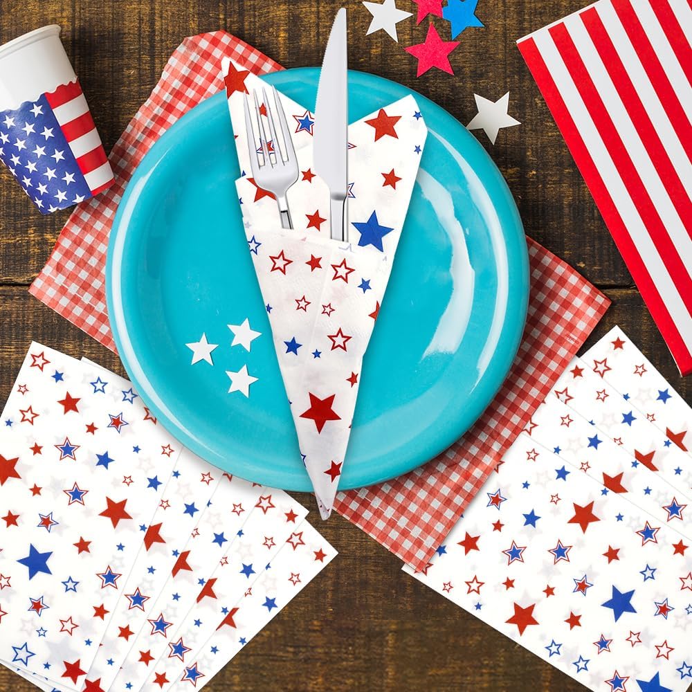 100PCS 4th of July Patriotic Dinner Napkins – Red, White & Blue American Star Disposable Napkins for Independence Day, Memorial Day & Patriotic Party Decorations