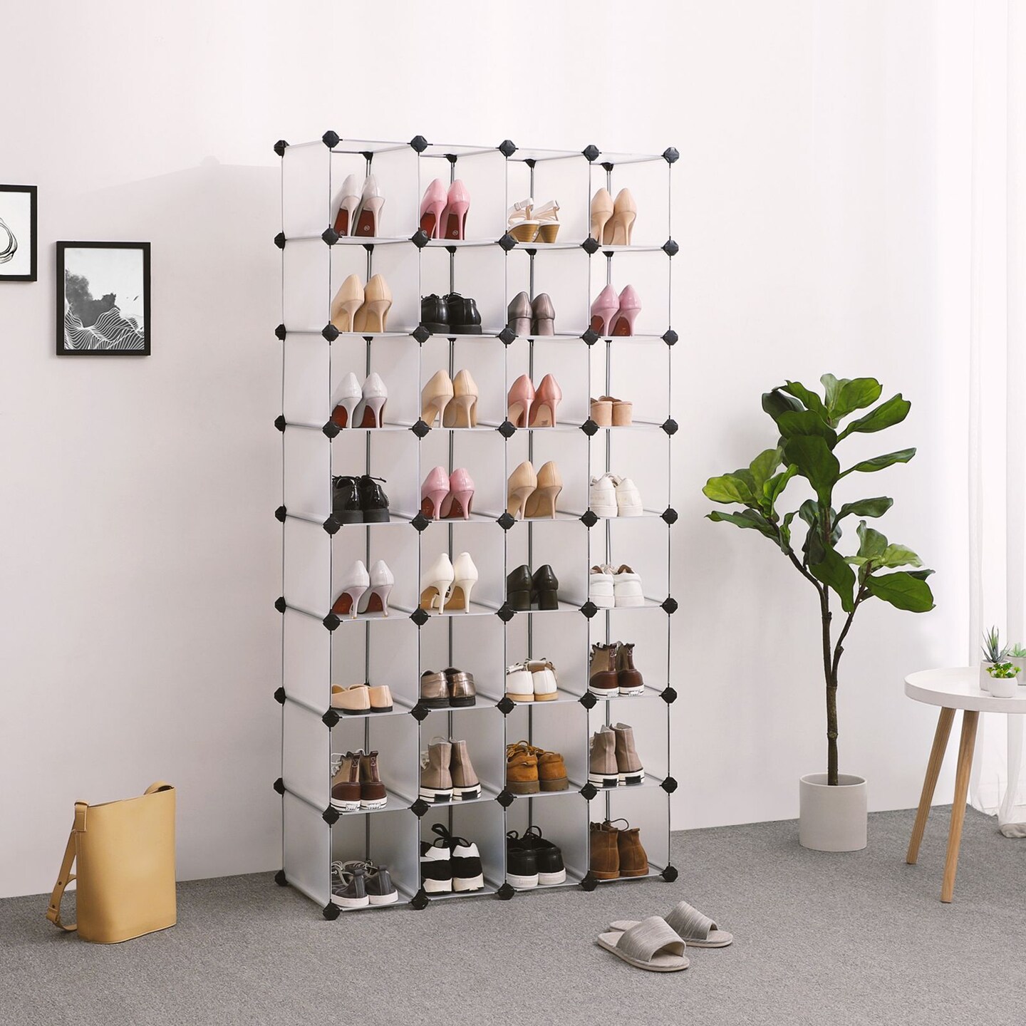 Modular Shoe Rack 28 Cube Stackable Organizer Clear Plastic Storage Shelves Metal Frame Transparent