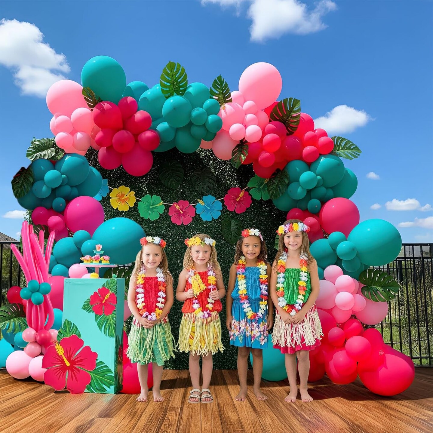 Tropical Hot Pink Teal Blue Balloon Garland arch kit 152 Pcs with Pastel Pink DIY Long Colored Balloons for Summer aloha Birthday Baby shower Gender reveal Hawaii cartoon Theme Decoration Supplies