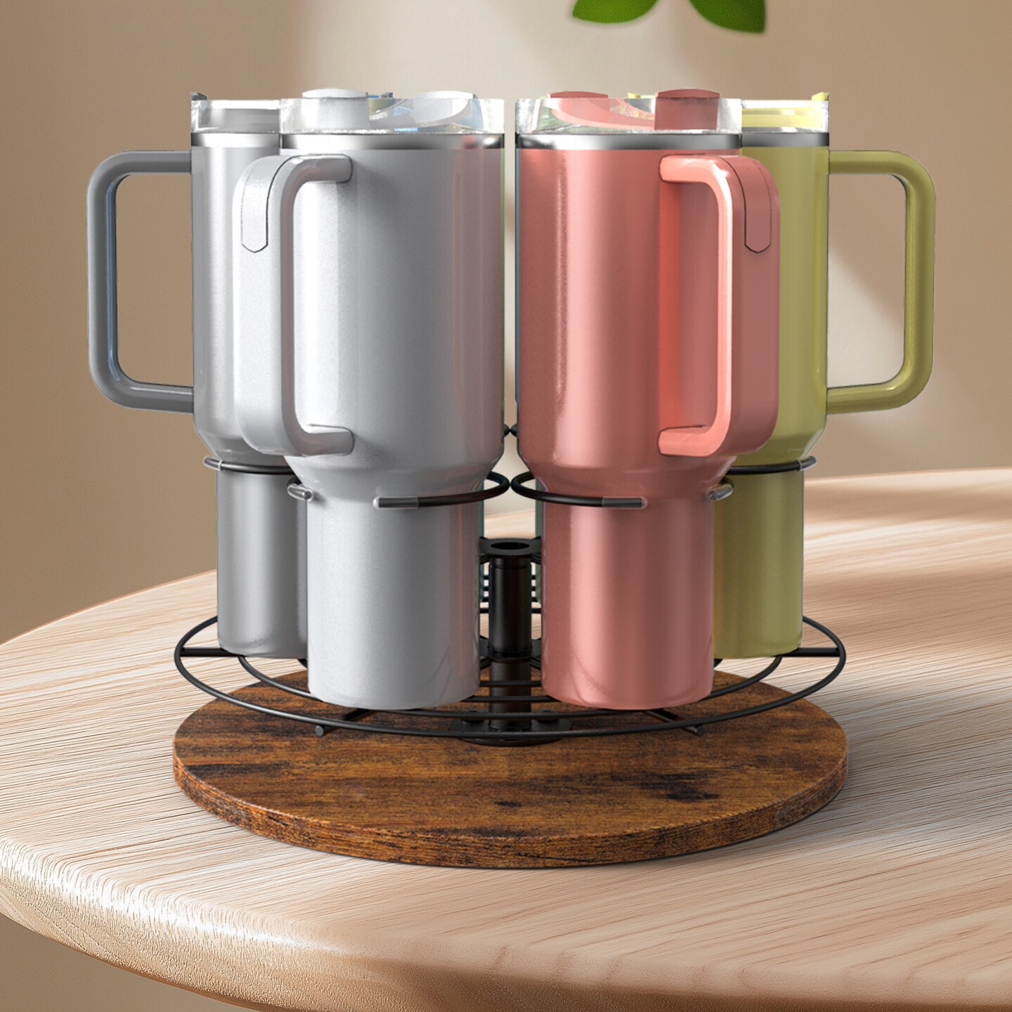 Tumbler Storage Organizer, Rotating 6-Cup Holder with Non-Slip Wooden Base for Stanley Cups