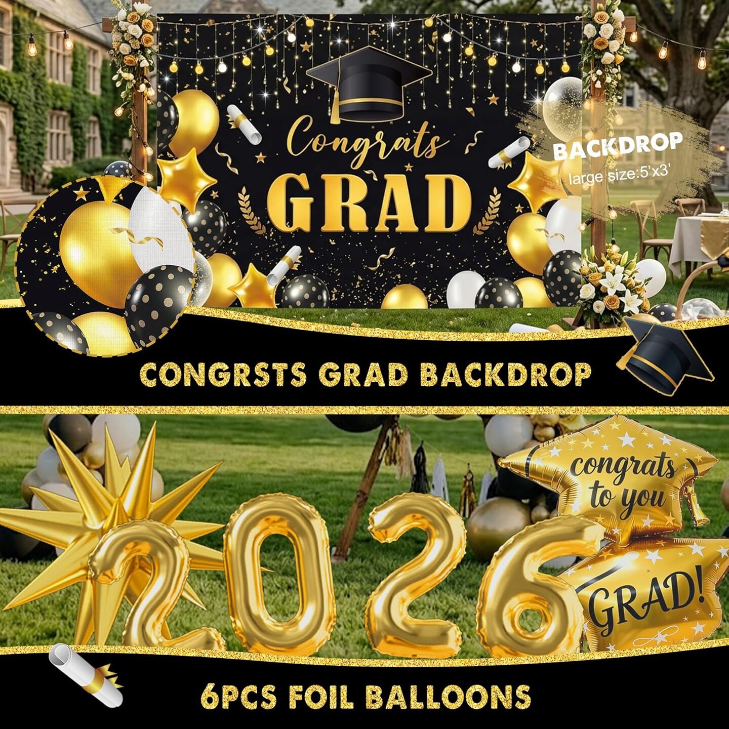 Graduation Party Decoration – Black, Gold & White Class of 2026 Complete Graduation Decor Kit with Balloon Garland, Backdrop, Banner, Tablecloth, Boxes & Photo Party Supplies