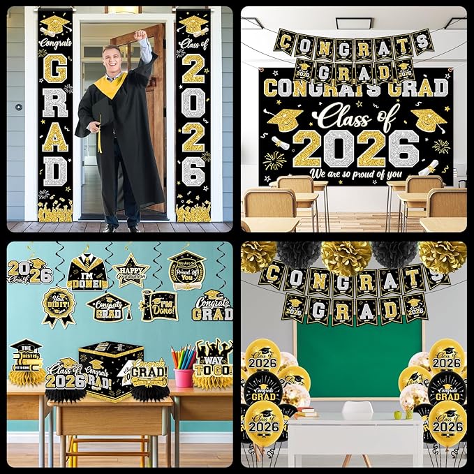 Class of 2026 Graduation Decorations - Black and Gold Congrats Grad Party Set with Backdrop, Porch Signs, Balloons & Swirls - Graduation Box & Honeycomb Centerpieces