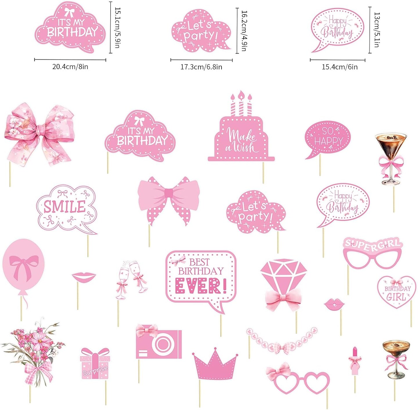 25PCS Pink Bow Photo Booth Props Kit – Coquette Birthday Party Decorations with Selfie Signs & Sticks for Women’s Birthday Celebration
