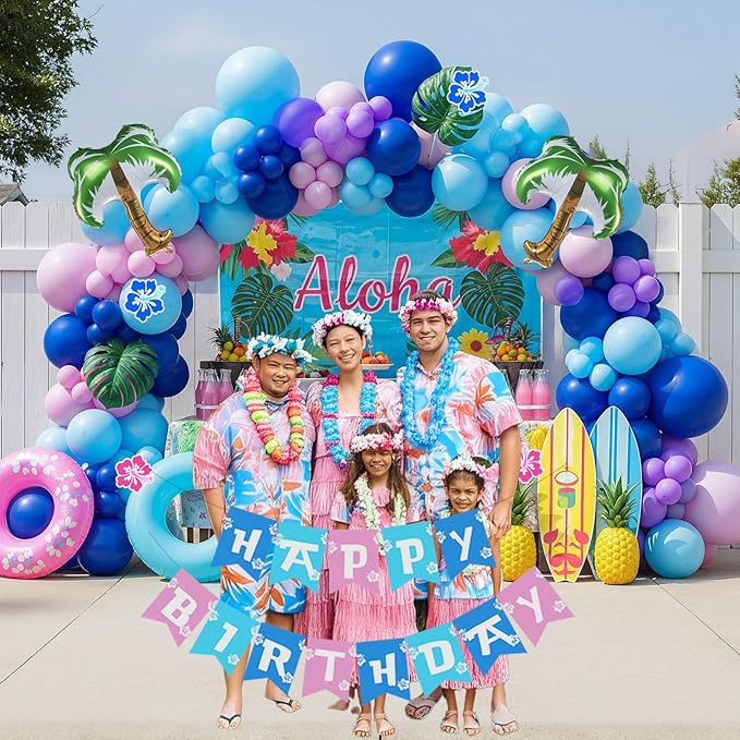Blue pink purple Balloon Hawaii Garland Kit with Ohana theme backdrop and birthday banner plam tree mylar balloons for Summer aloha cartoon birthday party gender reveal Baby shower decorations