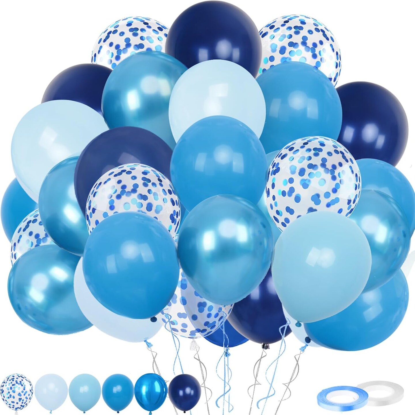 60pcs 12 Inch Blue Macaron Balloon Set – Metallic, Matte & Confetti Navy Latex Balloons for Birthday, Wedding, Baby Shower, Graduation & Party Decorations