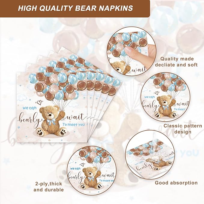 120pc "We Can Bearly Wait" Baby Shower Party Supplies - Blue Teddy Bear Tableware Set for 20 Guests - Includes Dinner & Dessert Plates, Cups, Napkins & Forks - Whimsical Bear Decorations for Boys