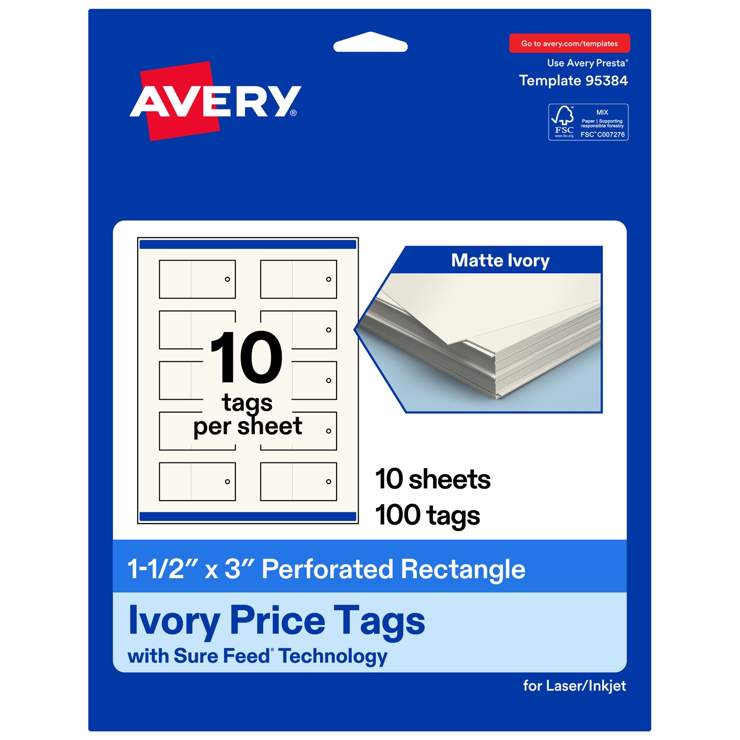 Avery Printable Perforated Rectangle Price Tags, Sure Feed Technology, 1-1/2" x 3", Matte Ivory Cardstock, Print-to-The-Edge, Laser/Inkjet Printable, 100 Total