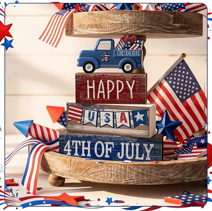 4 Pcs 4th of July Decorations Patriotic Memorial Day Tabletop Decorations Red White Blue Table Centerpieces Sign for Office Tiered Tray Home Shelf 250th Anniversary(Happy Usa)