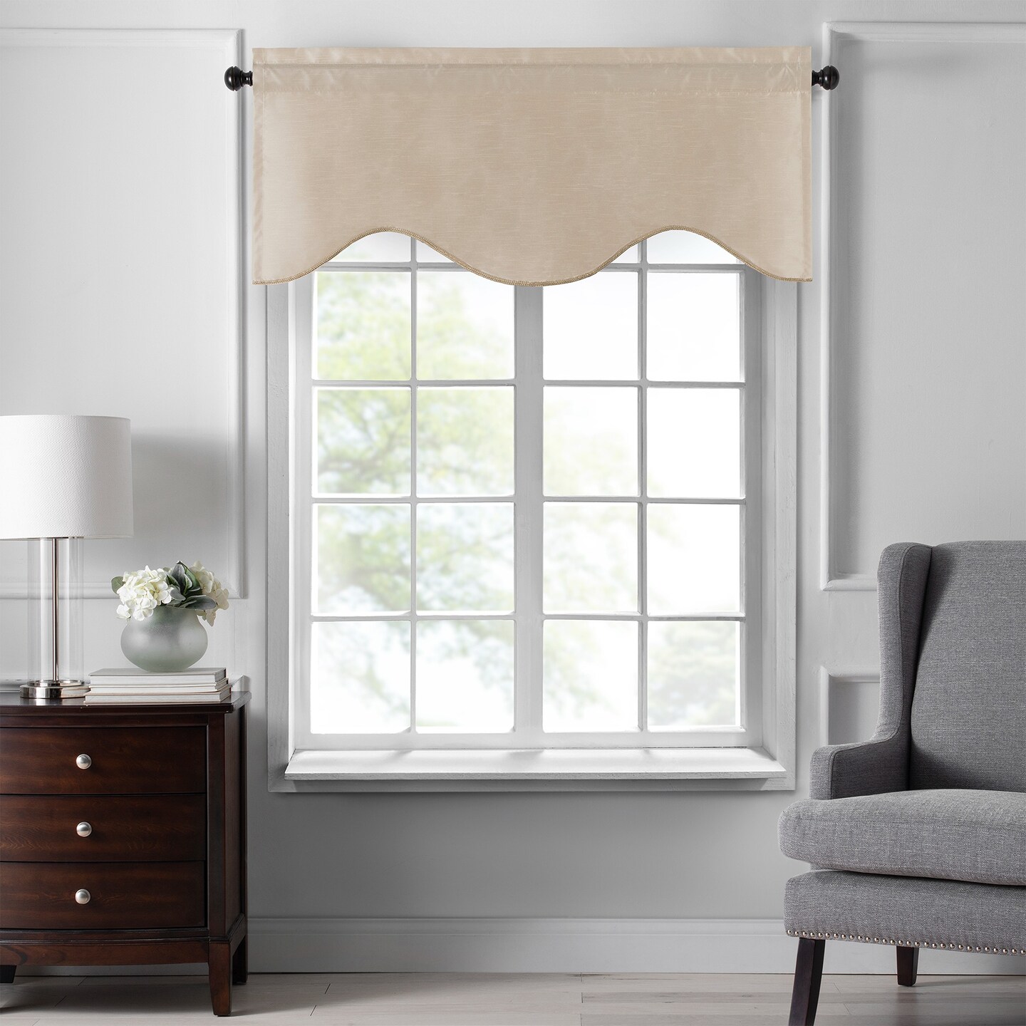 Threadmade Home Colette Faux Silk Scalloped Window Valance, Taupe - 50"W x 21"L