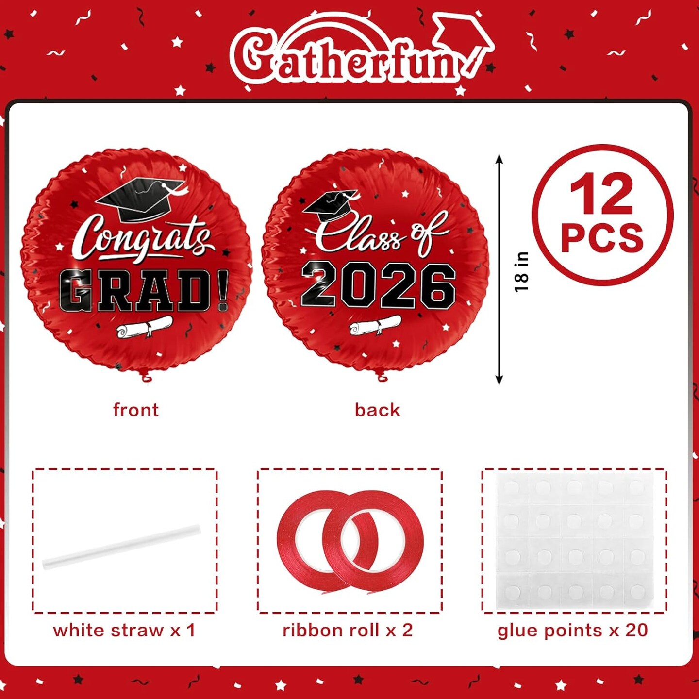 Graduation Party Balloons – Class of 2026 12-Piece 18” Red “Congrats Grad” Foil Balloon Set with Double-Sided Design for Graduation Decorations & Celebration Supplies