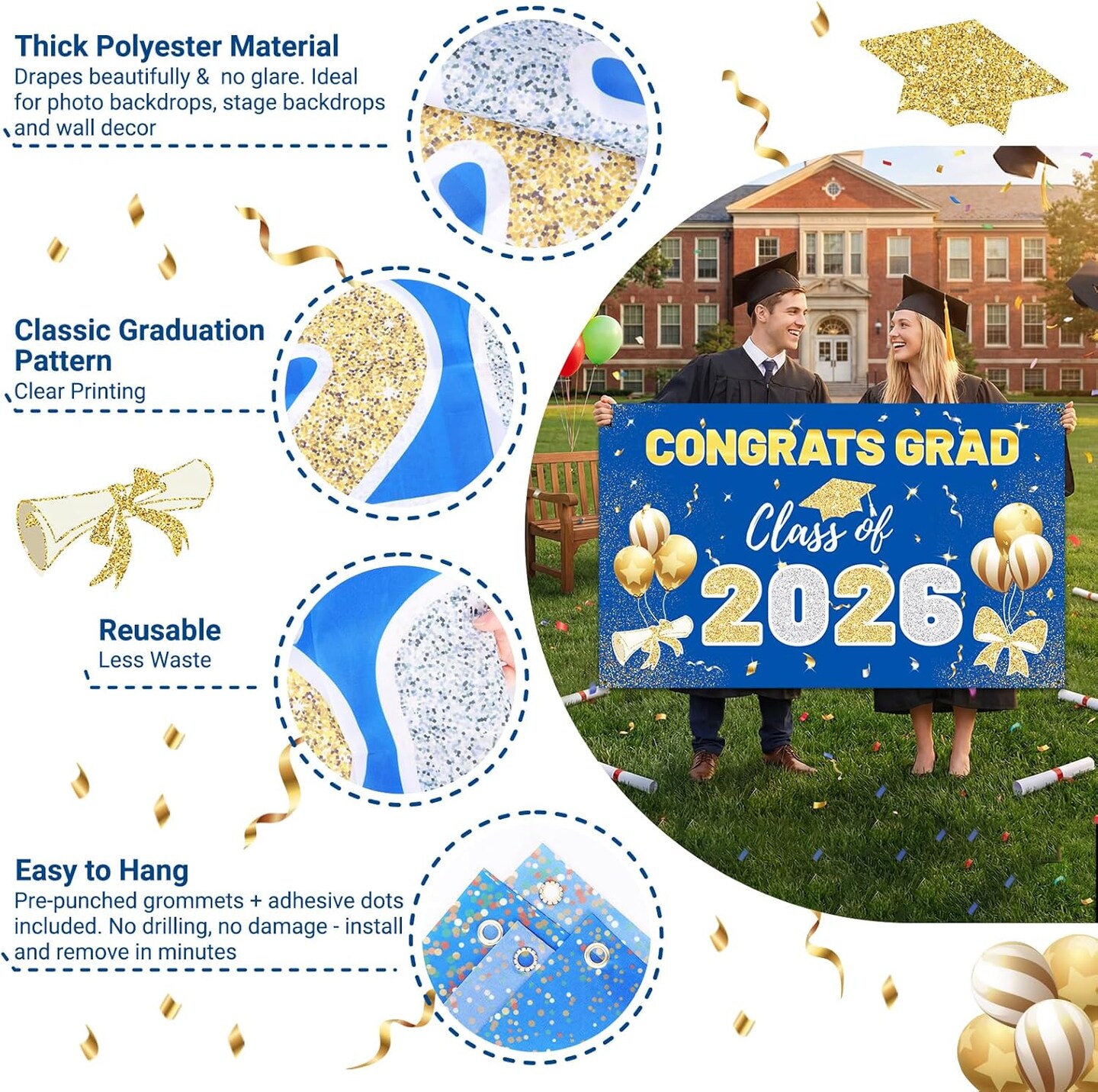 Graduation Party Decoration – 2026 Blue & Gold Congrats Grad Polyester Backdrop Banner, Large Class of 2026 Photography Background Wall Decor for Graduation Party