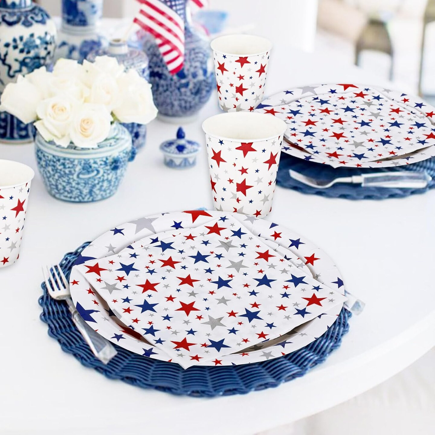 96PCS Patriotic Stars Tableware Set for 24 Guests – Red, Blue & Silver Disposable Dinnerware with Plates, Napkins & Cups for 4th of July, Memorial Day & Independence Day Celebrations