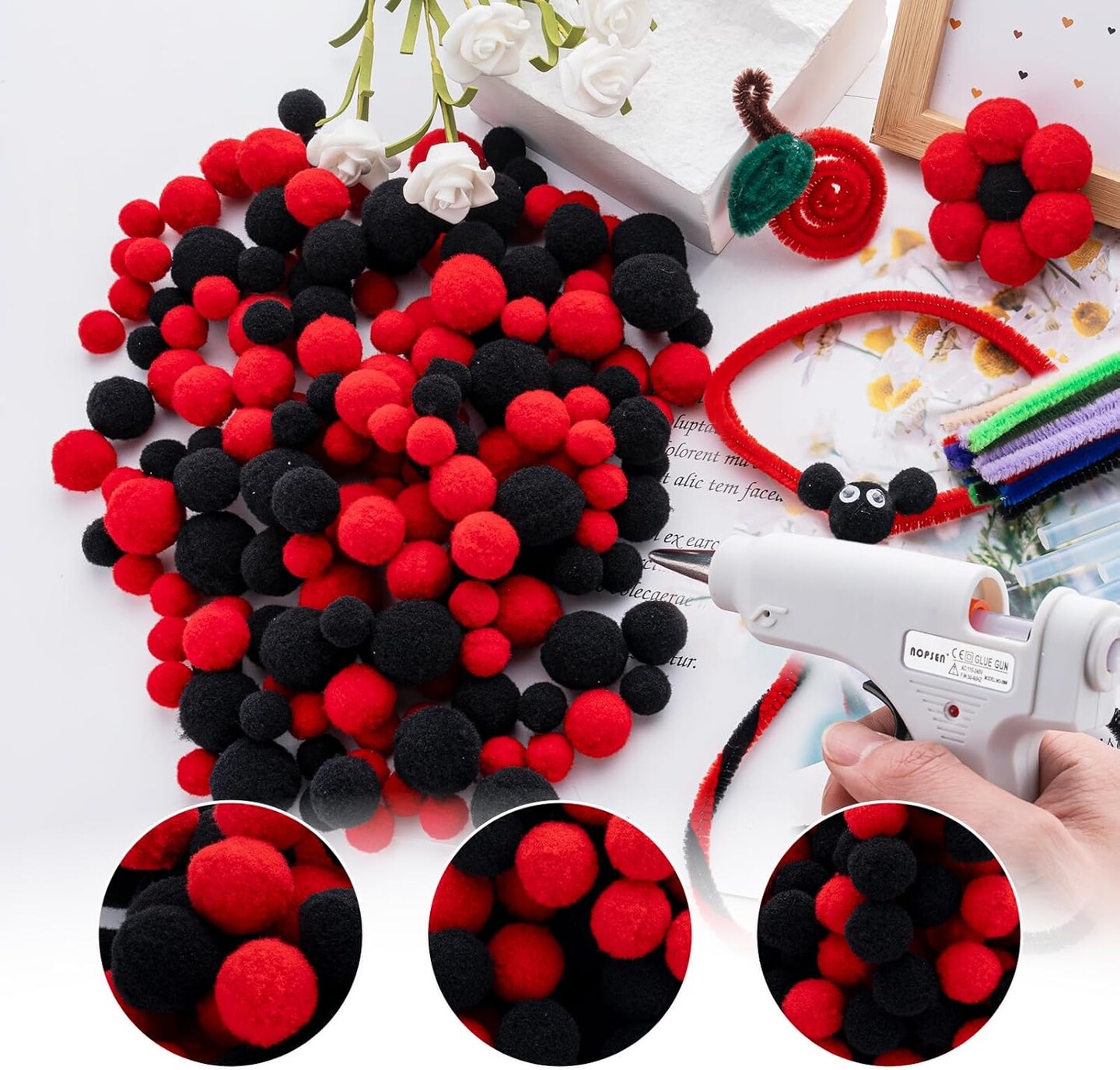 Pom Poms Set 460 PCS Red Crafts Fuzzy Balls with Glue Gun for Autumn Thanksgiving Christmas DIY Arts and Craft Making Decorations