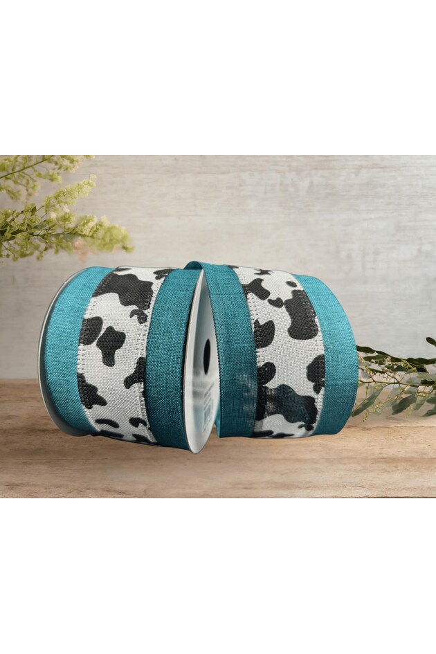 2.5&#x22; Black Linen Cow Print Ribbon: Teal (10 Yards)
