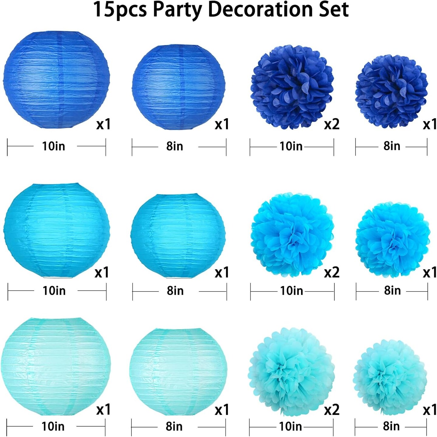 Blue Hanging Party pom pom Set, Paper Flowers Pom Poms Balls and Paper Lanterns for Under The Sea Party Decorations Wedding Birthday Bridal Baby Shower Graduation, 15pcs