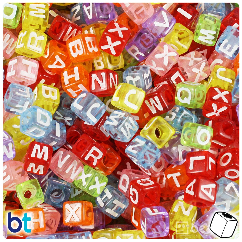 BeadTin Mixed Transparent 7mm Cube Plastic Alpha Beads - White Letter Mix (200pcs)