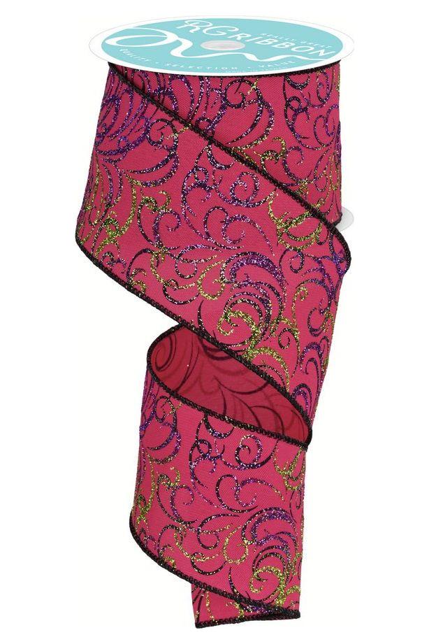 2.5&#x22; Multi Swirls Glitter Ribbon: Hot Pink/Lime/Black (10 Yard)