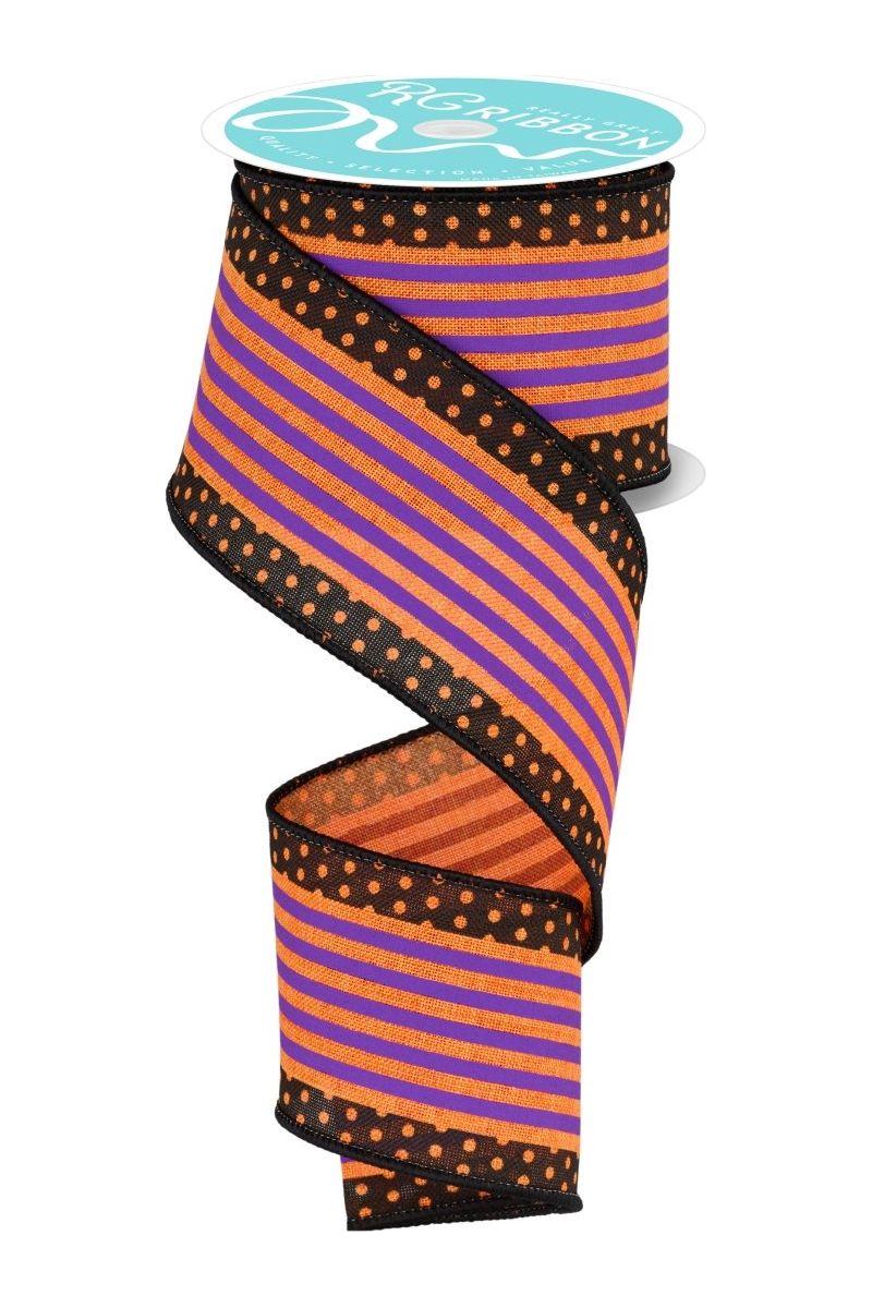 2.5&#x22; Vertical Stripe Polka Dot Edge Ribbon: Orange, Purple, Black