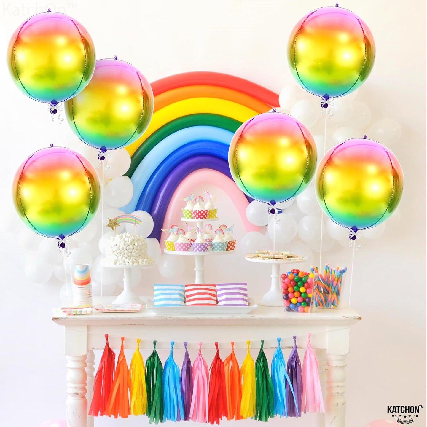 Rainbow Foil Balloons - 22 Inch, Pack of 6 | 4D Gradient Rainbow Balloons | Tie Dye Balloons for Birthday Party Decor | Rainbow Unicorn Balloons | Rainbow Mylar Balloons, Iridescent Balloons