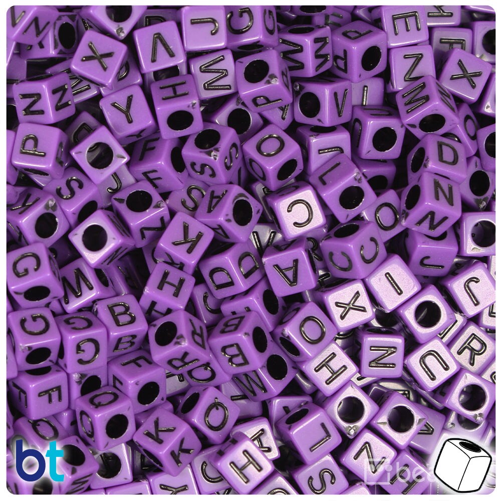 BeadTin Dark Purple Opaque 6mm Cube Plastic Alpha Beads - Black Letter Mix (200pcs)