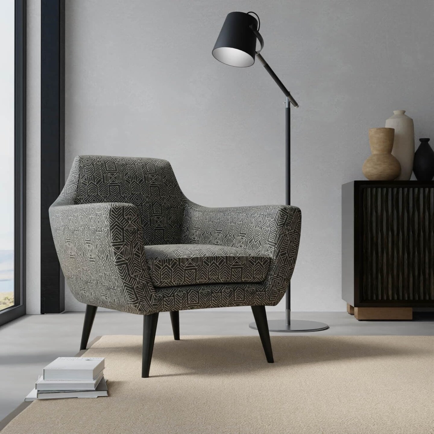 Black Abstract Global Woven Pattern Upholstery Fabric by The Yard - SKU: Blake Carbon