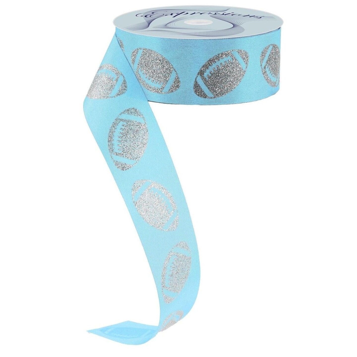 1.5" Glitter Football Ribbon: Columbia Blue/Silver (100 Feet)