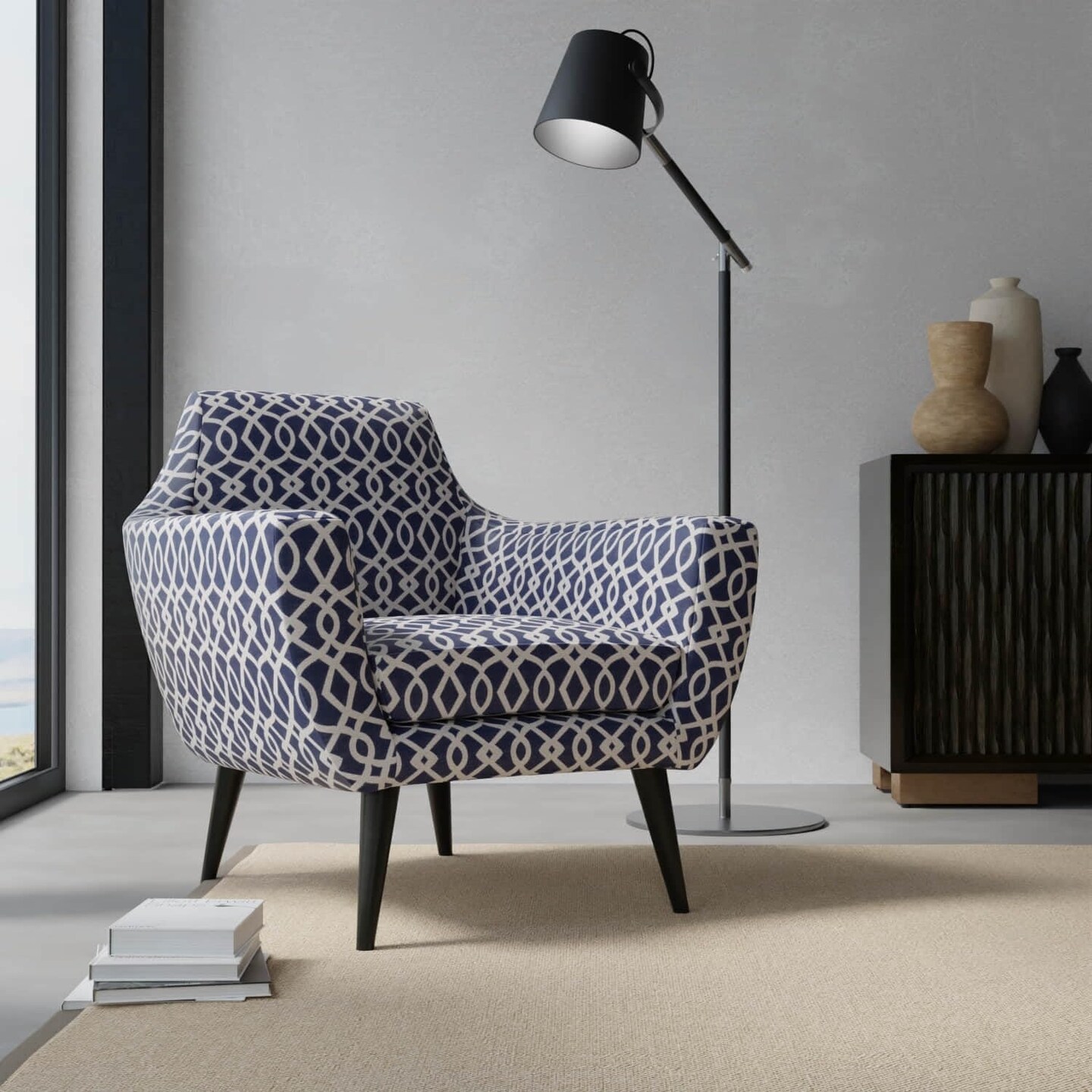 Blue Stain Resistant Performance Pet Friendly Geometric Woven Pattern Upholstery Fabric by The Yard - SKU: Ebern Ink