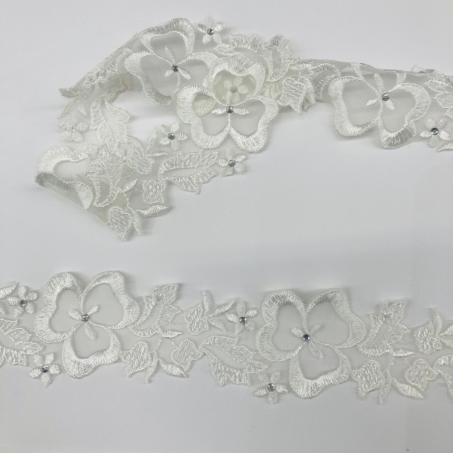 1 Yard Beaded Lace Trimming Embroidered on Organza | 2" Wide | Elegant Beaded Trim for Bridal & Formalwear