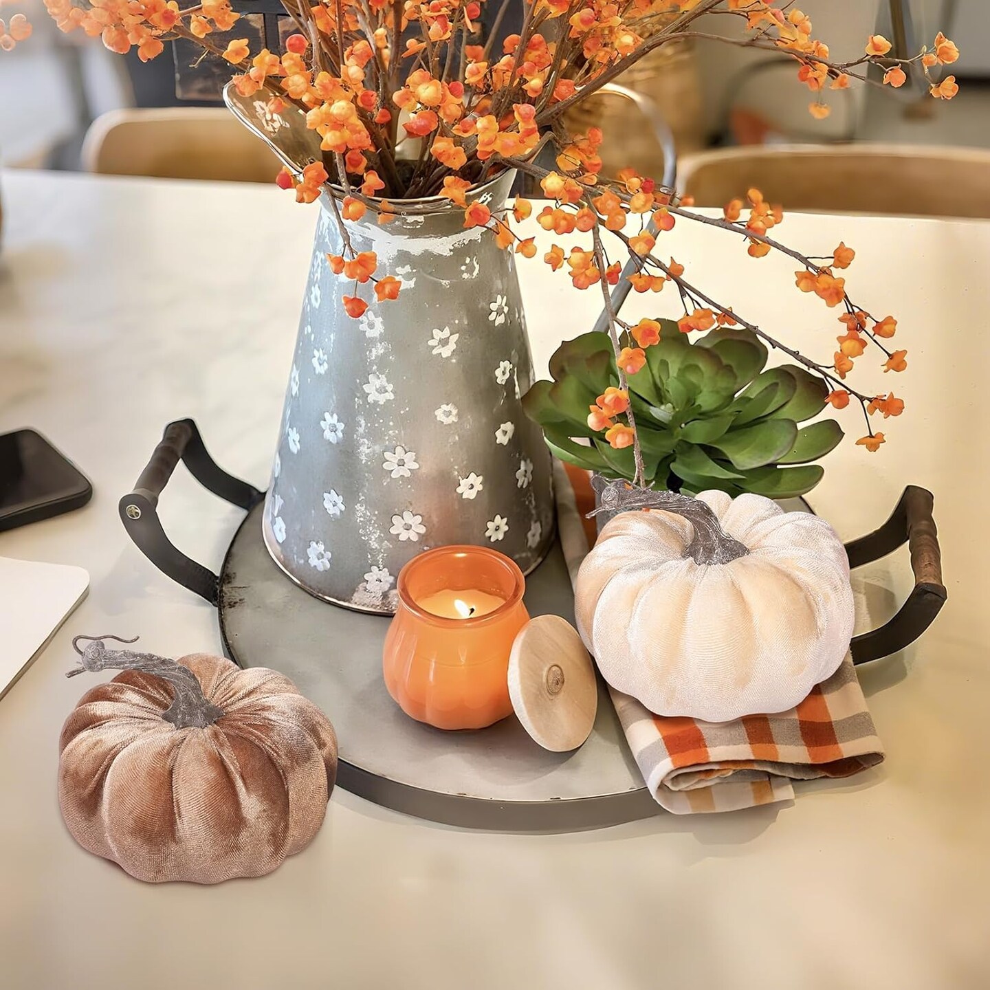 2pcs Velvet Fake Pumpkins Fall Harvest (Beige Coffee)