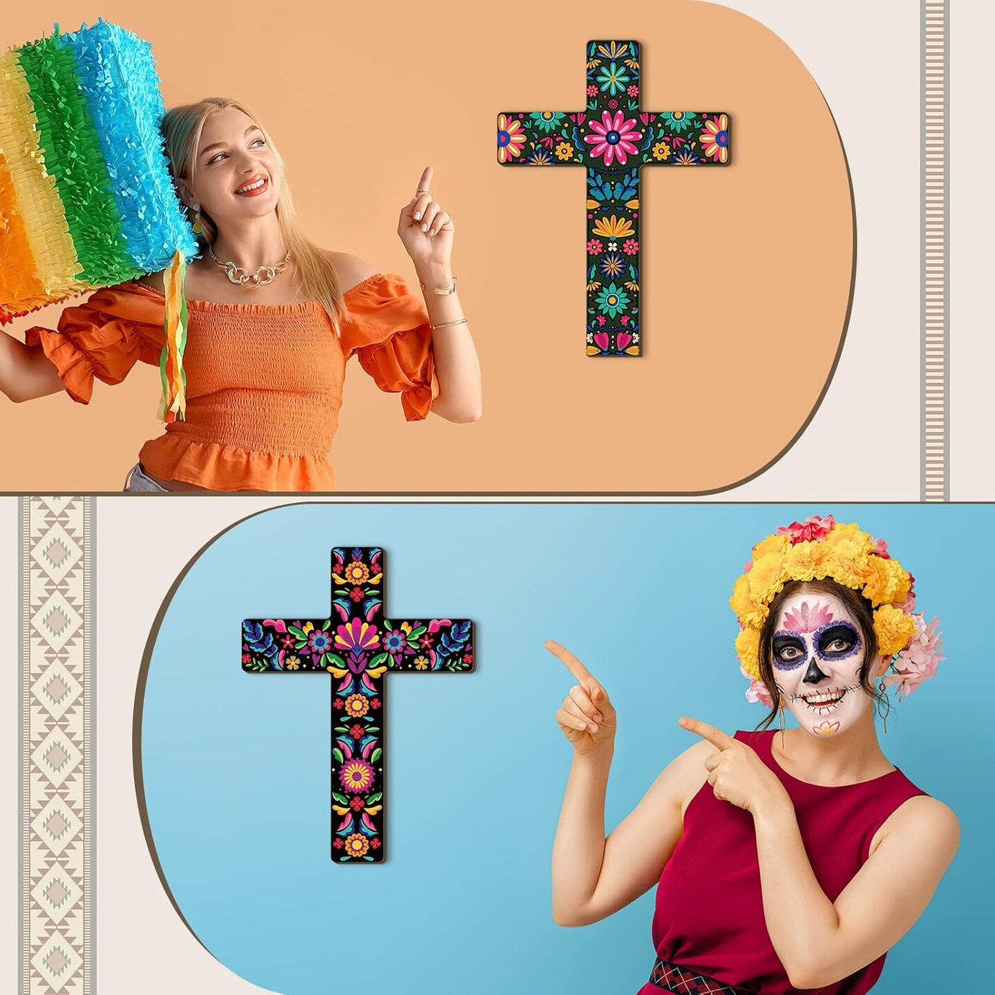 2 Pcs Mexican Cross Wall Decor Floral Day of The Dead Decoration (Floral)
