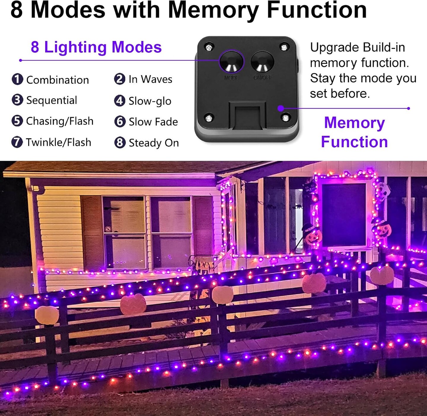 2 Pack Halloween Solar String Lights - 200 LED 66FT (Orange/Purple)
