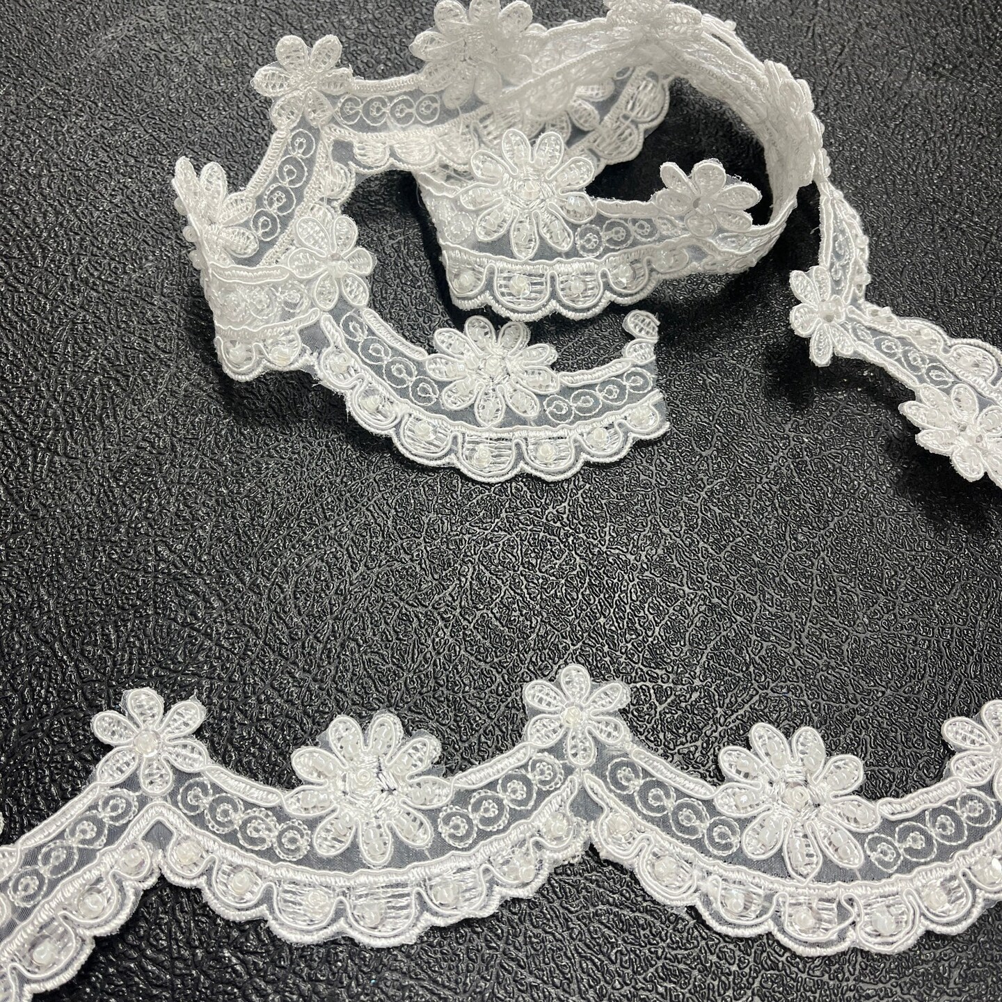 1 Yard Beaded & Corded Lace Trimming on Net Mesh – 1.75" Wide | Embroidered Decorative Lace for Dresses & Costumes